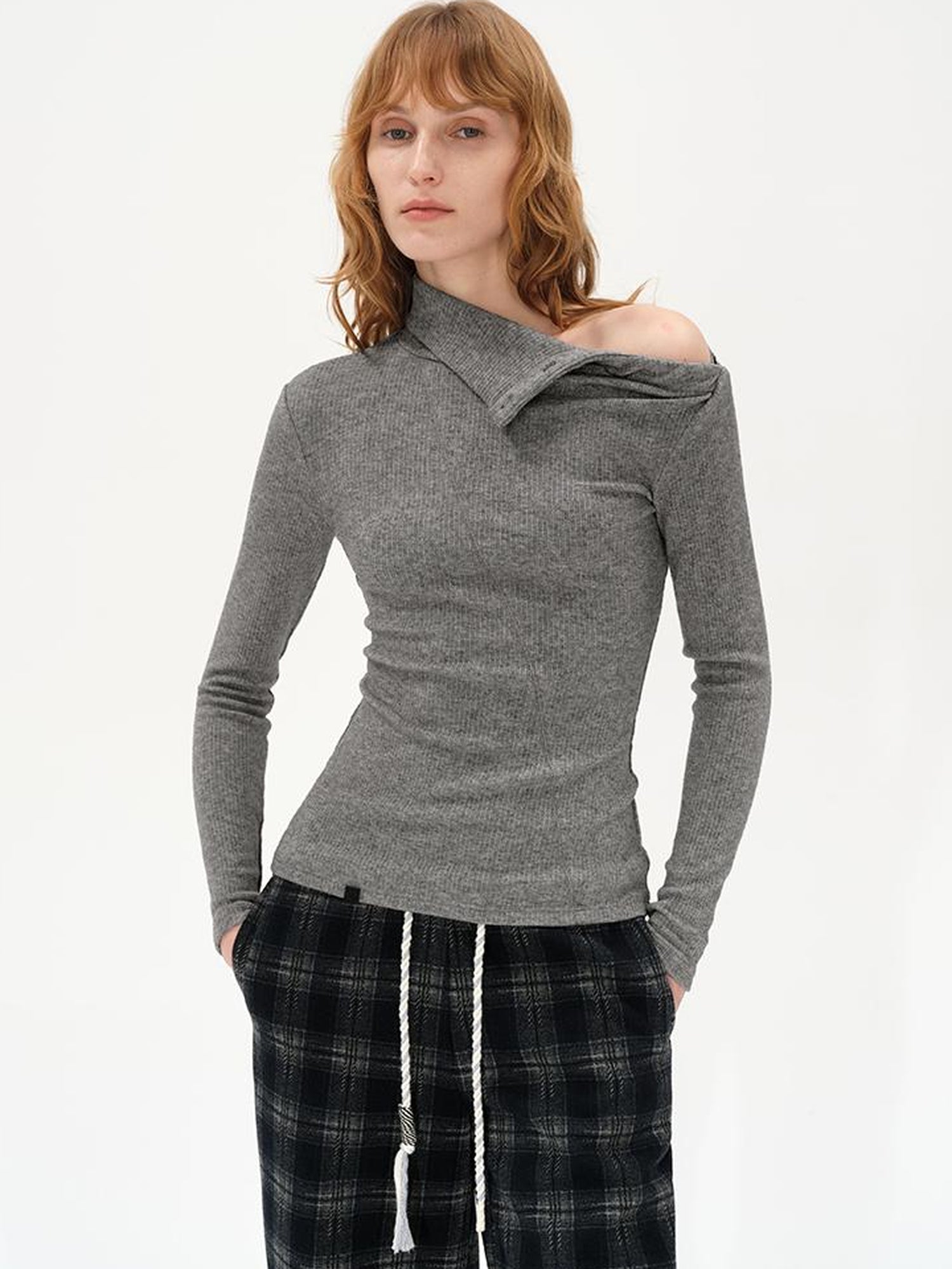 AFTADAWN High Neck Asymmetric Button Knit Sweater