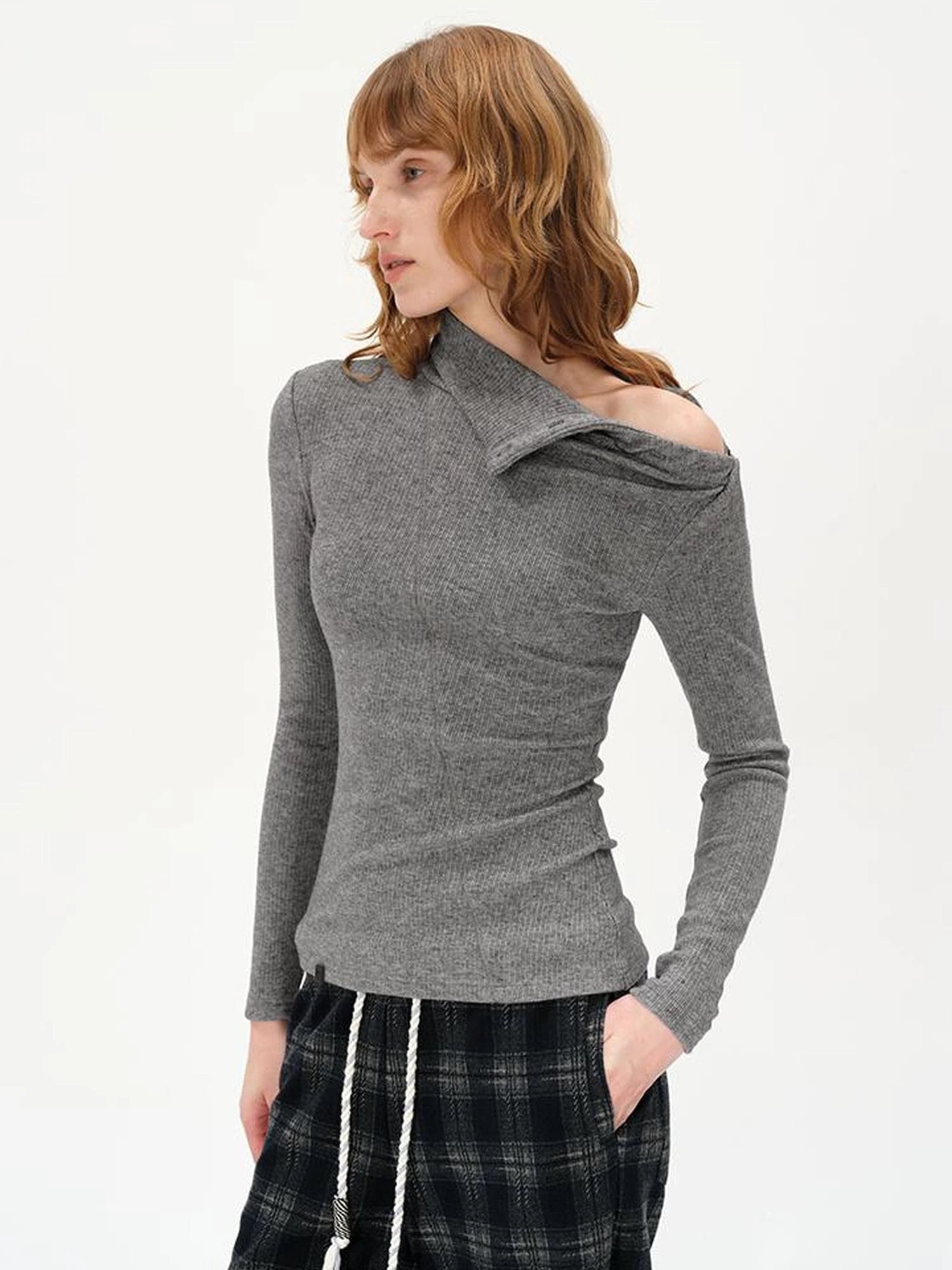 High Neck Asymmetric Button Knit Sweater