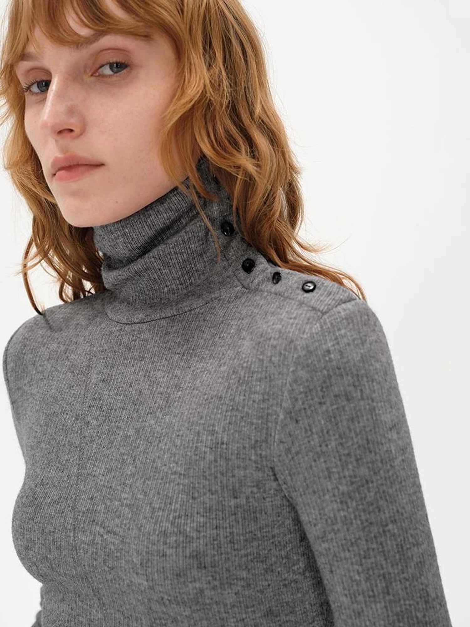 High Neck Asymmetric Button Knit Sweater