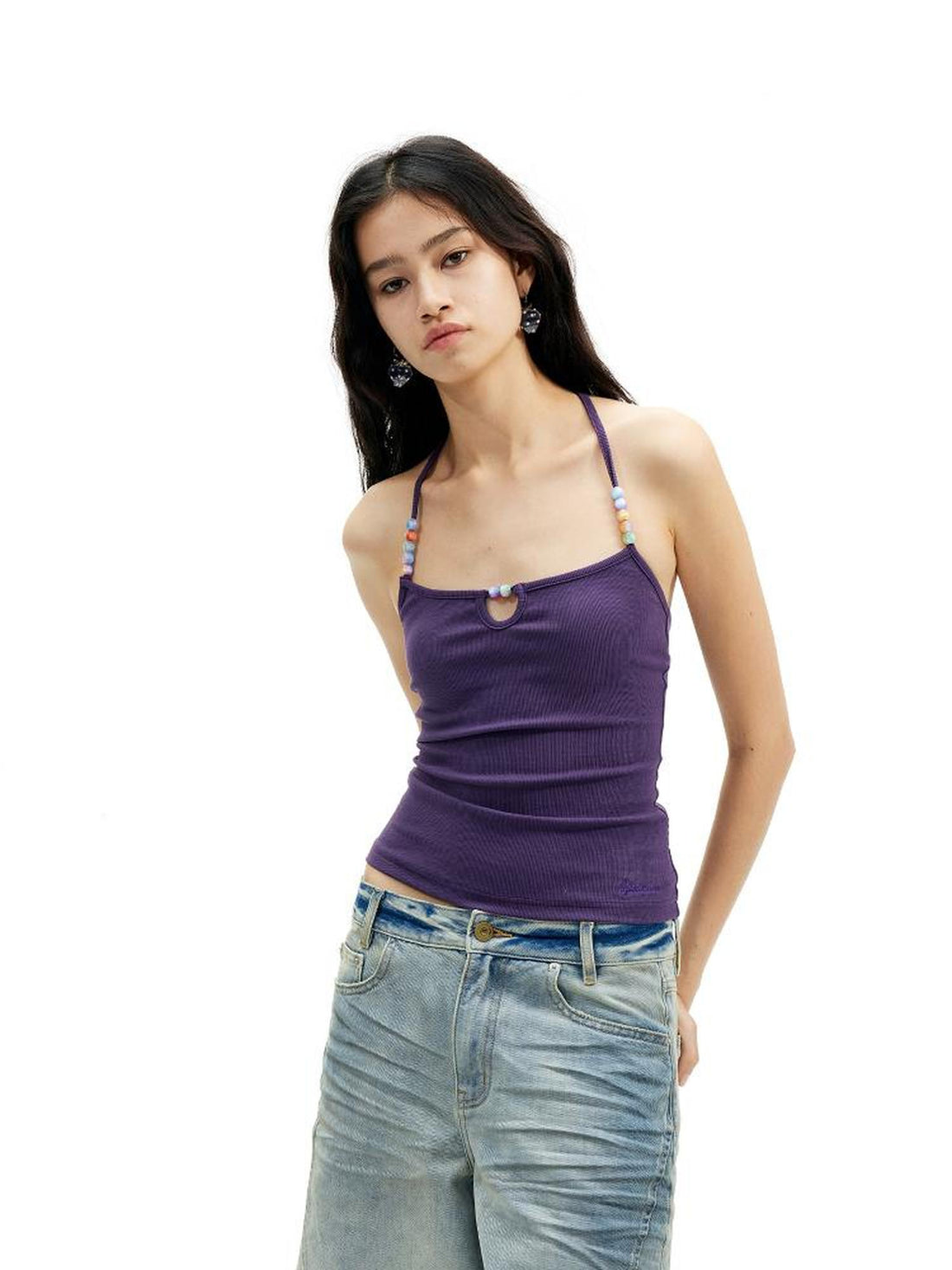 AFTADAWN High Neck Ribbed Cotton Backless Beaded Detail Tank Top