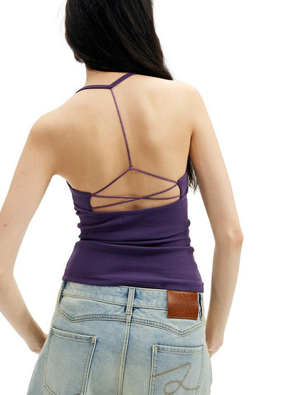 AFTADAWN High Neck Ribbed Cotton Backless Beaded Detail Tank Top