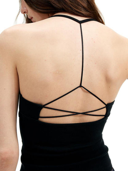 AFTADAWN High Neck Ribbed Cotton Backless Beaded Detail Tank Top