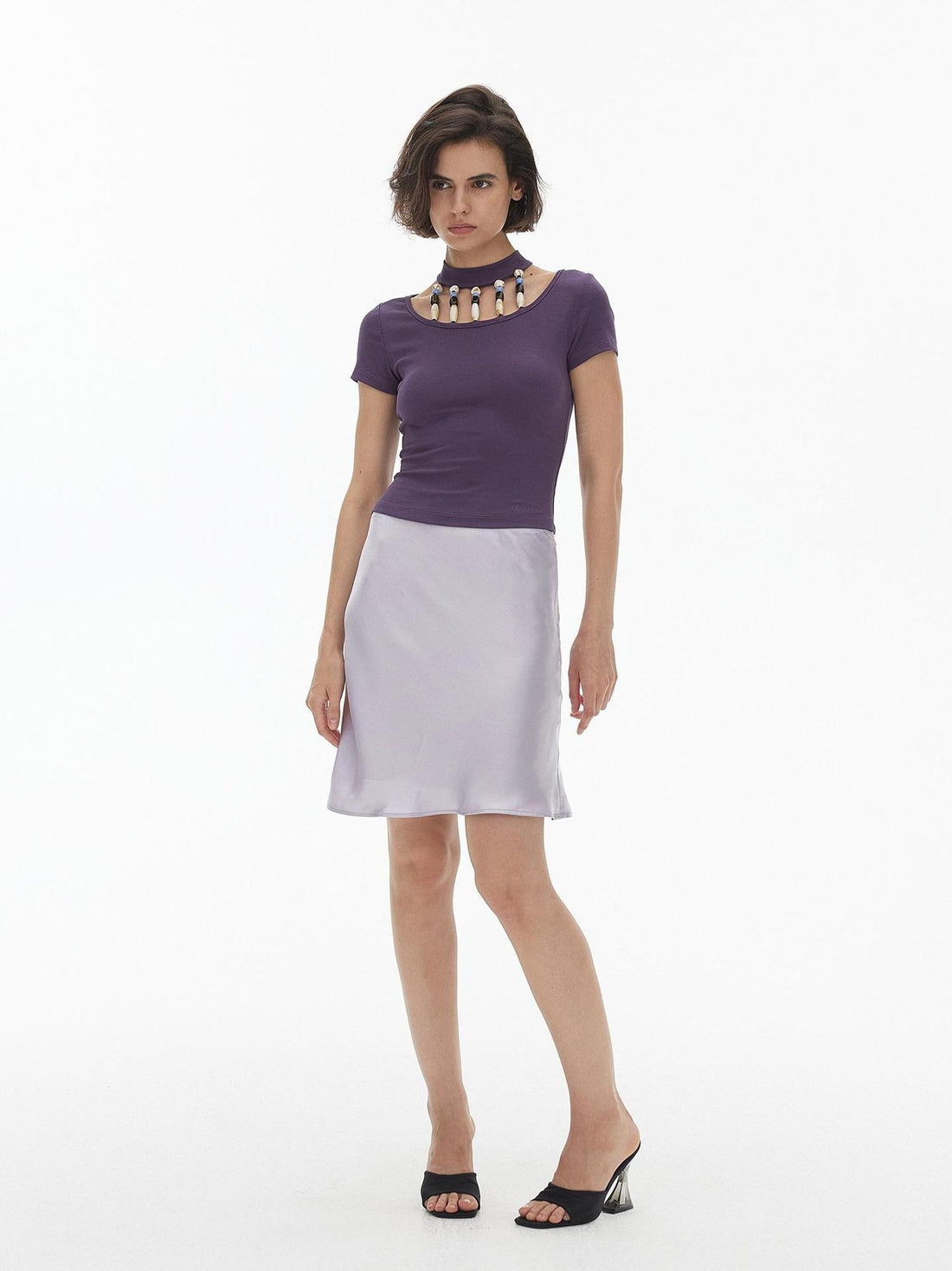 AFTADAWN Hollow Beaded Fitted Mock Neck Cotton Women&