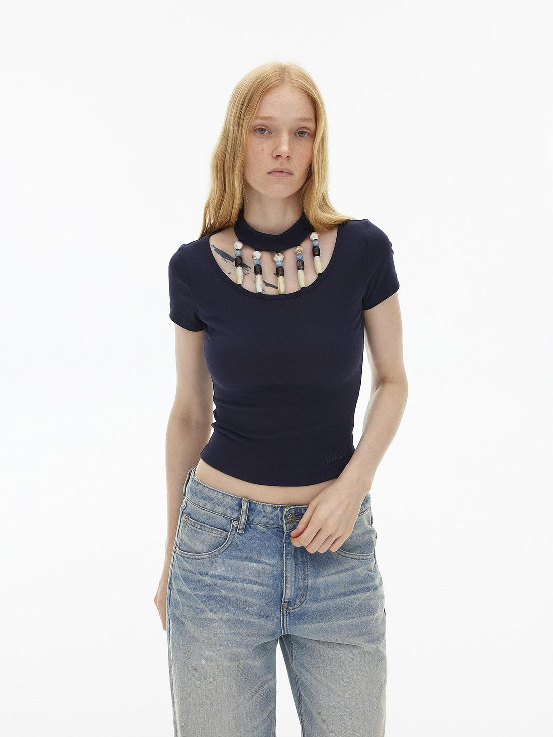 AFTADAWN Hollow Beaded Fitted Mock Neck Cotton Women&