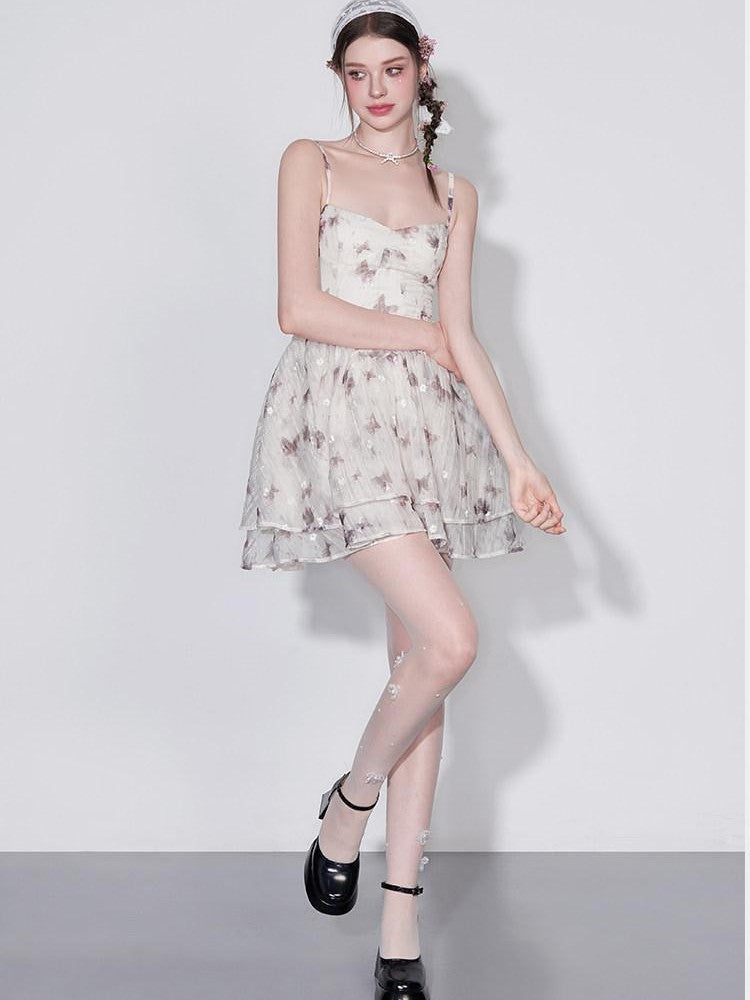 AFTADAWN Ink Wash Print Embroidered High Waist V-neck Women&