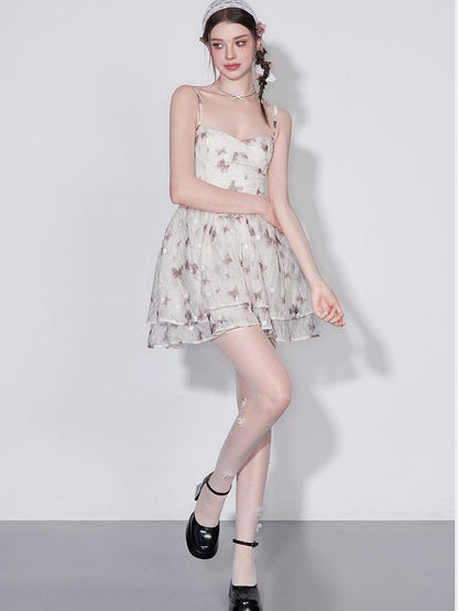 AFTADAWN Ink Wash Print Embroidered High Waist V-neck Women&