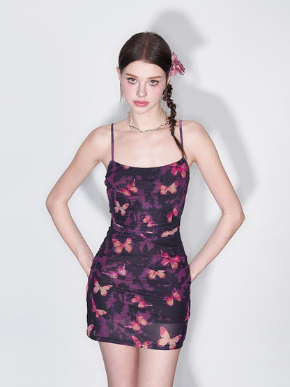 AFTADAWN Iris Dream Butterfly Print Wrap Waist Bodycon Slip Dress