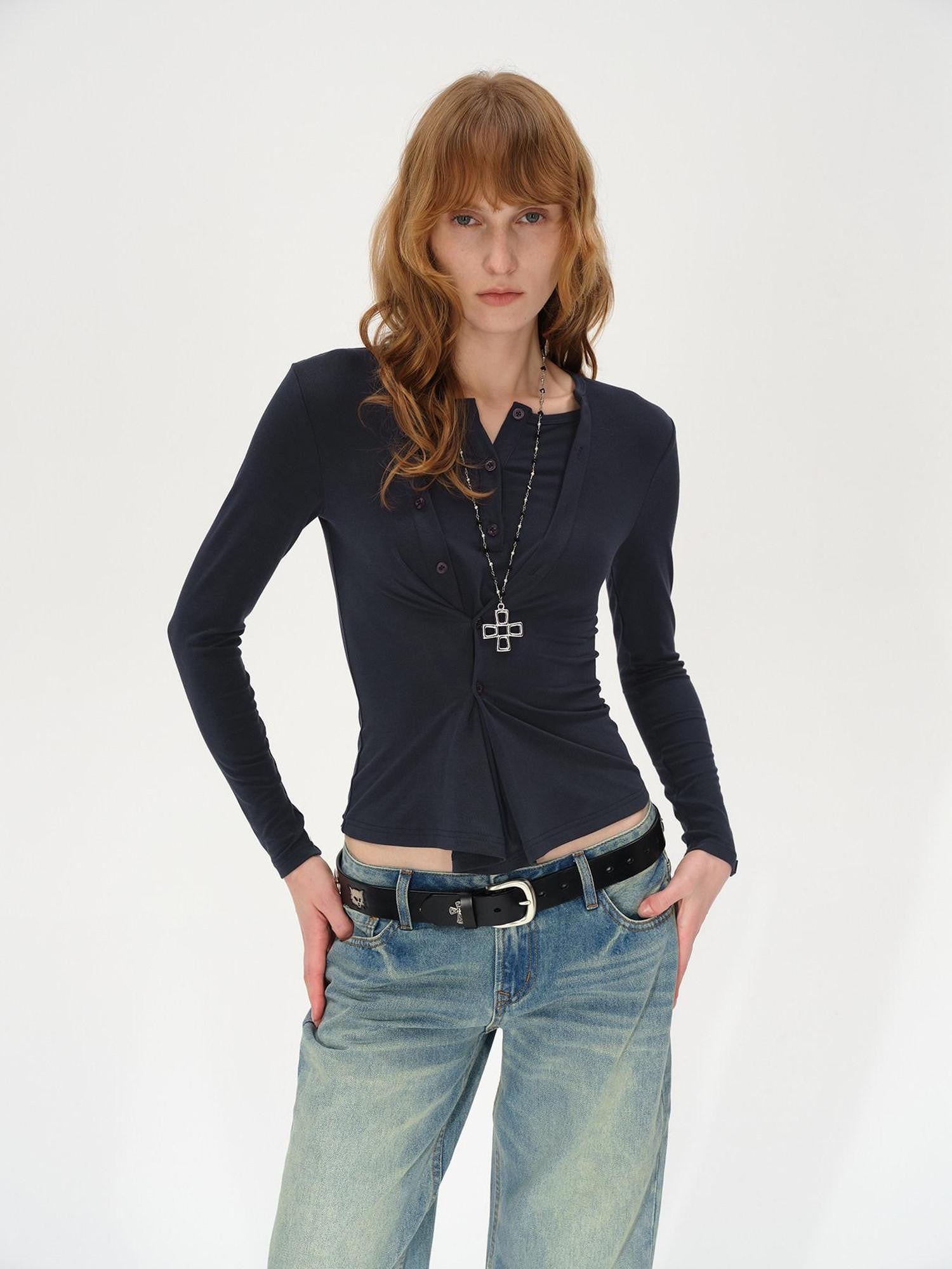 AFTADAWN Irregular Button Placket Faux Layered Women&