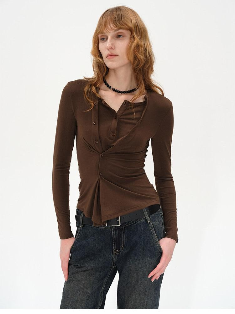 AFTADAWN Irregular Button Placket Faux Layered Women&