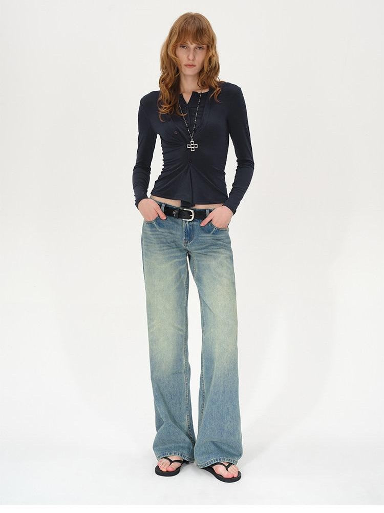 AFTADAWN Irregular Button Placket Faux Layered Women&