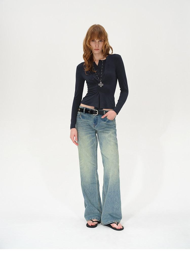 AFTADAWN Irregular Button Placket Faux Layered Women&