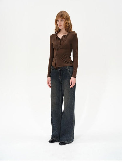 AFTADAWN Irregular Button Placket Faux Layered Women&