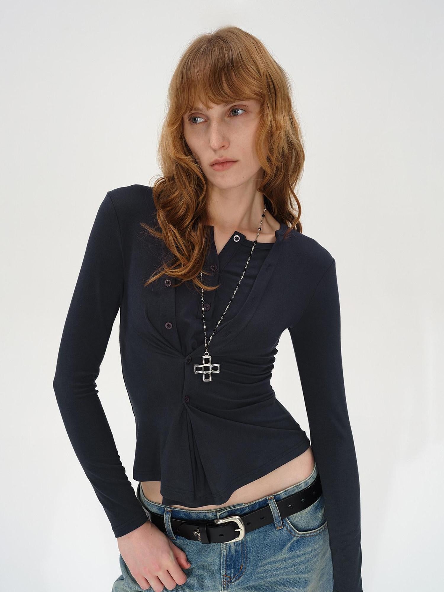 AFTADAWN Irregular Button Placket Faux Layered Women&