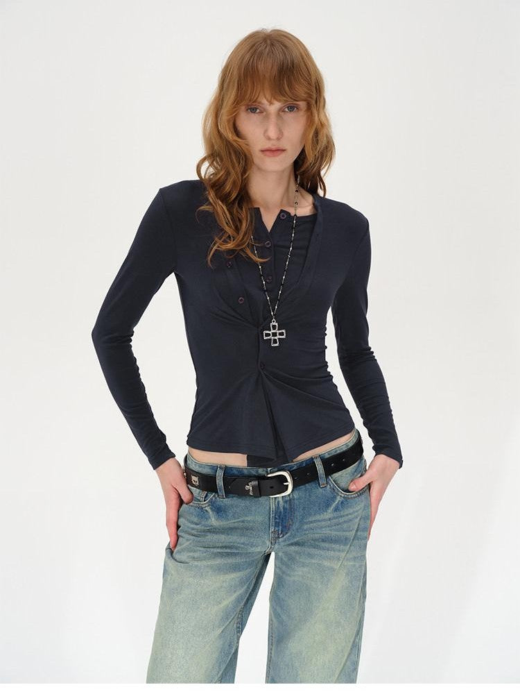 AFTADAWN Irregular Button Placket Faux Layered Women&