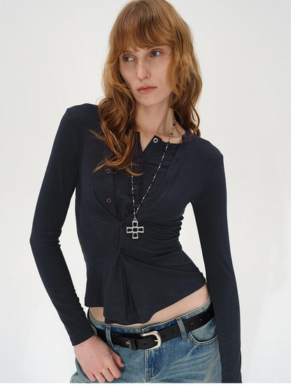 AFTADAWN Irregular Button Placket Faux Layered Women&