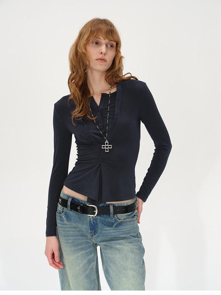 AFTADAWN Irregular Button Placket Faux Layered Women&
