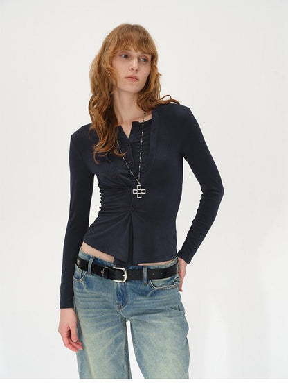 AFTADAWN Irregular Button Placket Faux Layered Women&