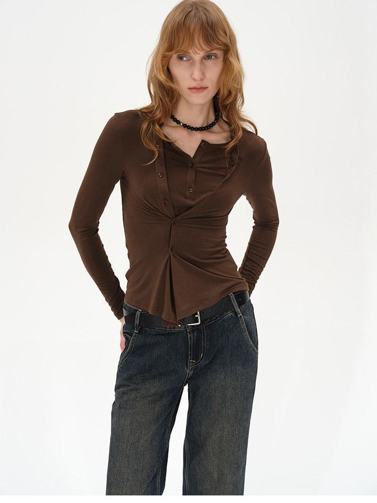 AFTADAWN Irregular Button Placket Faux Layered Women&