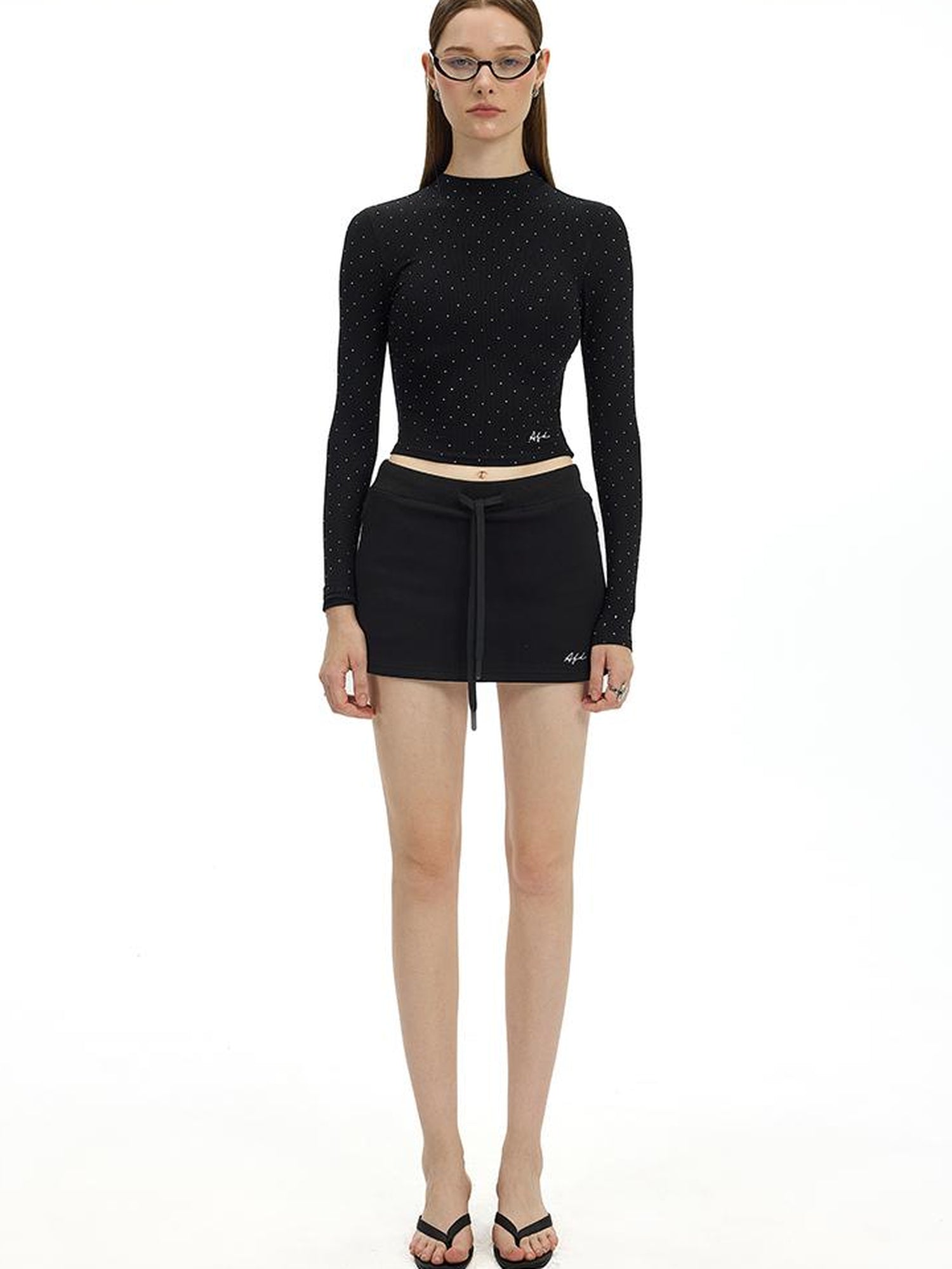 AFTADAWN Irregular Rhinestone Dot Knitted Long Sleeve Top