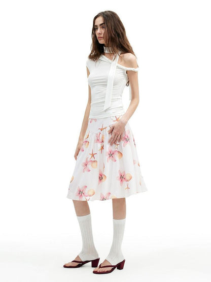 AFTADAWN Island Floral Print Pleated A Line Low Waist Women&
