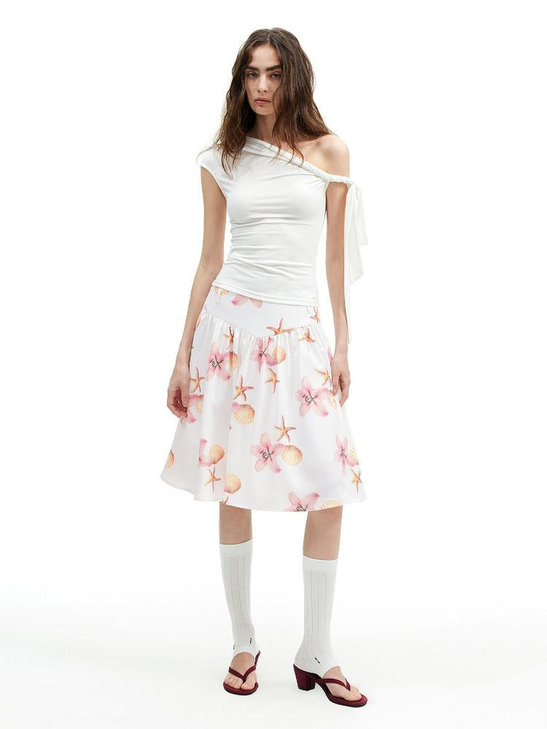 AFTADAWN Island Floral Print Pleated A Line Low Waist Women&