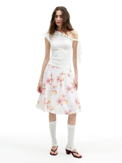 AFTADAWN Island Floral Print Pleated A Line Low Waist Women&