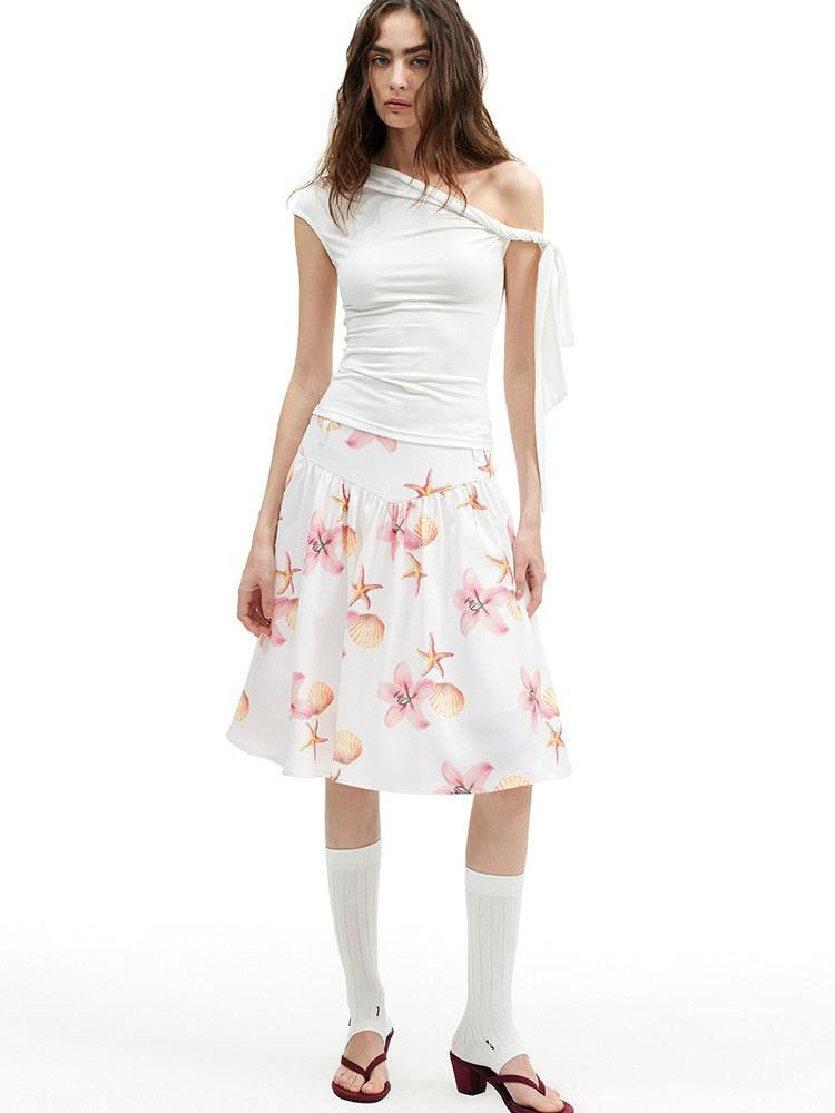 AFTADAWN Island Floral Print Pleated A Line Low Waist Women&