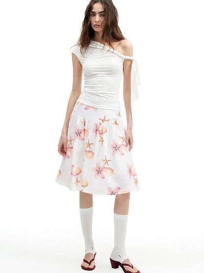 AFTADAWN Island Floral Print Pleated A Line Low Waist Women&