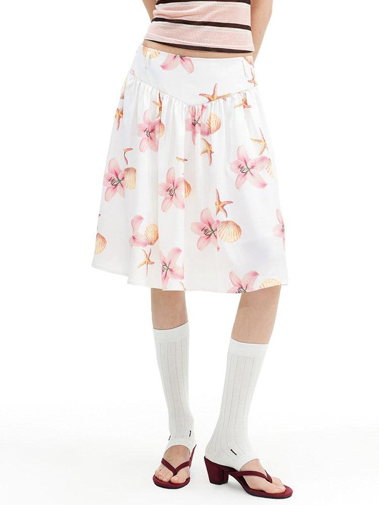 AFTADAWN Island Floral Print Pleated A Line Low Waist Women&