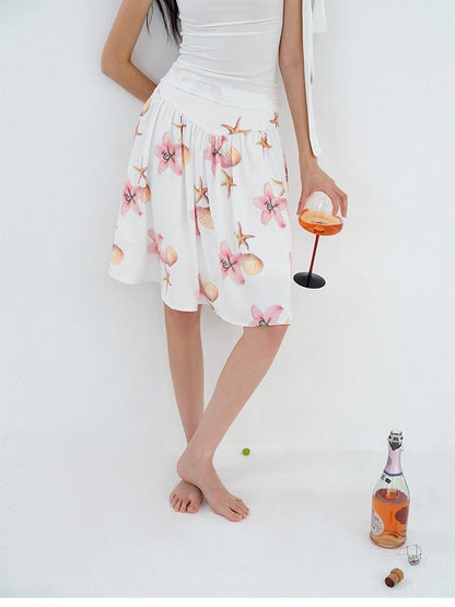 AFTADAWN Island Floral Print Pleated A Line Low Waist Women&