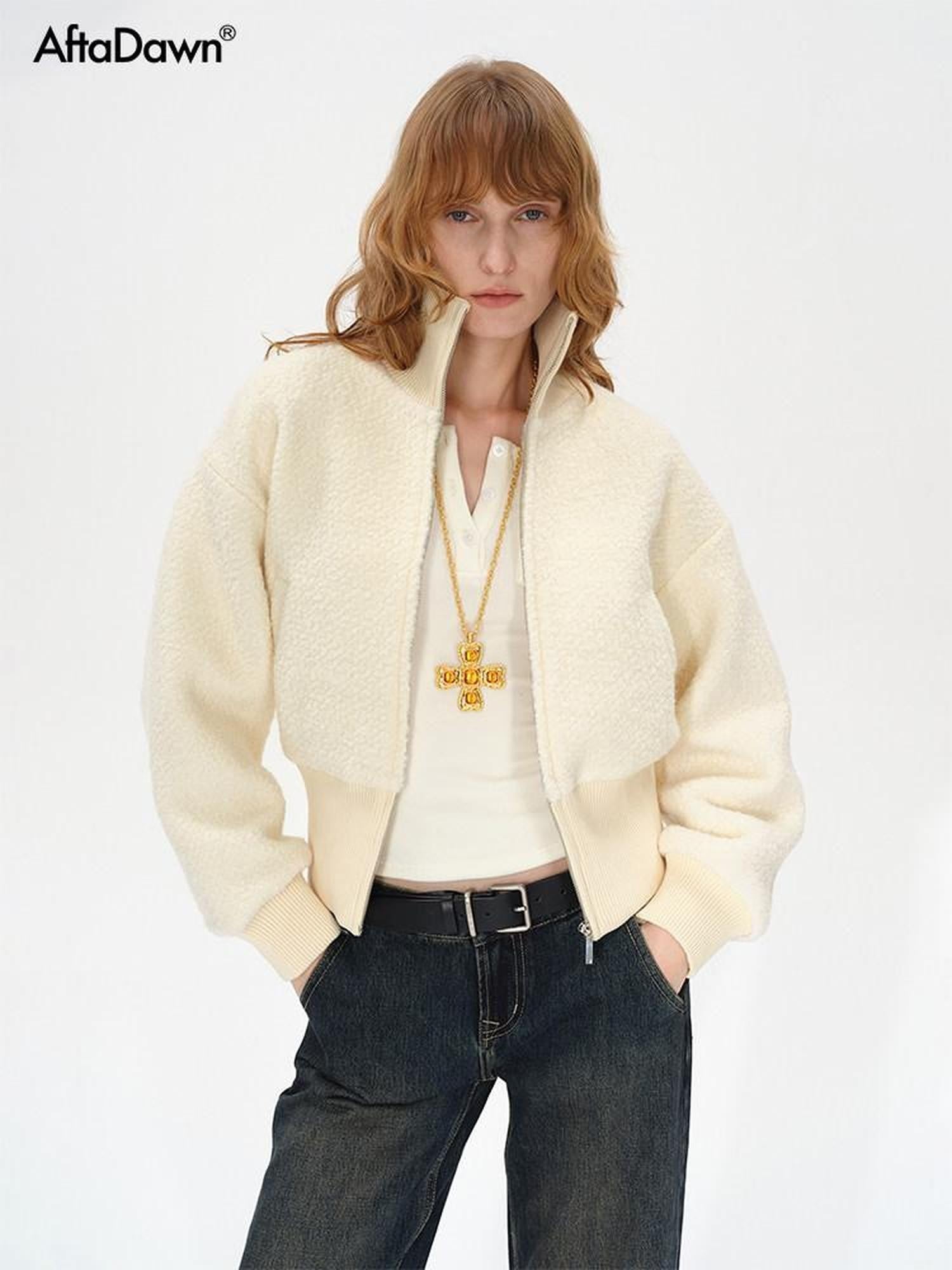 AFTADAWN Ivory Ribbed Knit Zip Stand Collar Women&