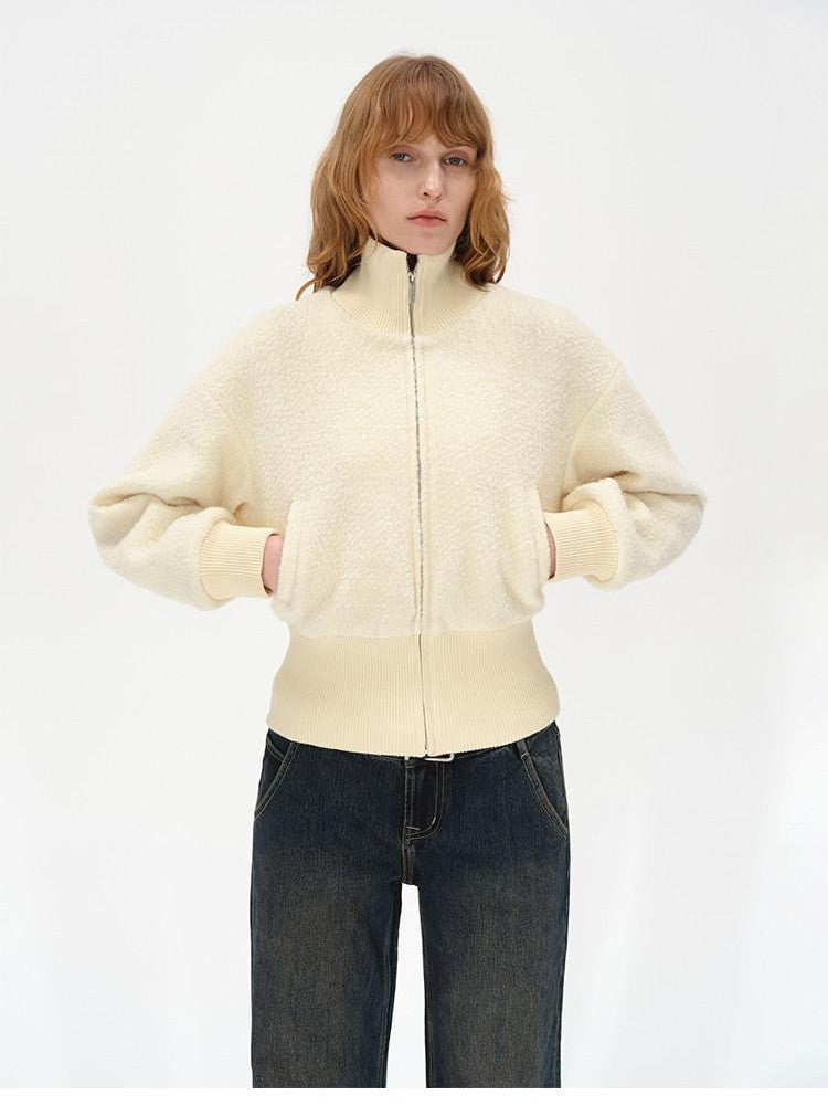 AFTADAWN Ivory Ribbed Knit Zip Stand Collar Women&