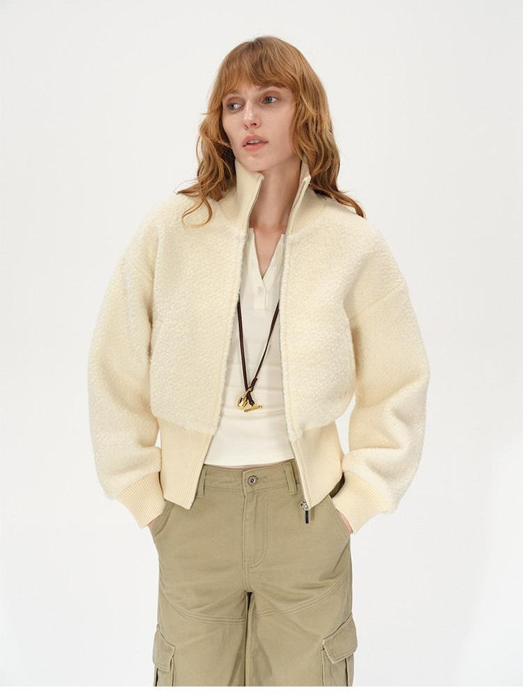 AFTADAWN Ivory Ribbed Knit Zip Stand Collar Women&