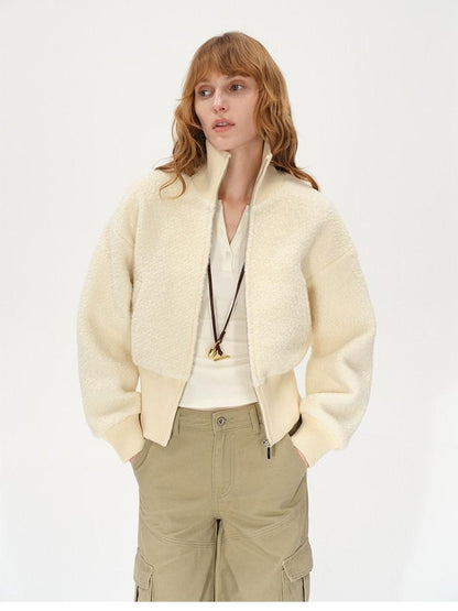 AFTADAWN Ivory Ribbed Knit Zip Stand Collar Women&