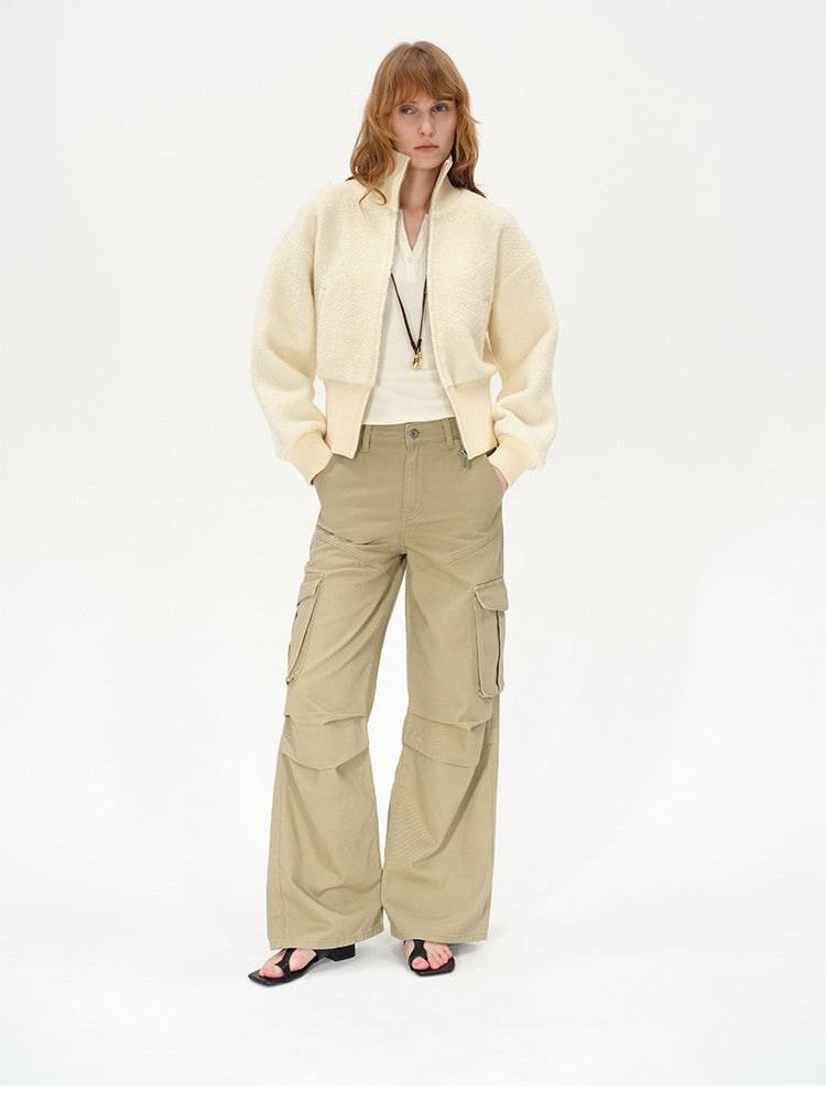 AFTADAWN Ivory Ribbed Knit Zip Stand Collar Women&