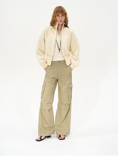 AFTADAWN Ivory Ribbed Knit Zip Stand Collar Women&
