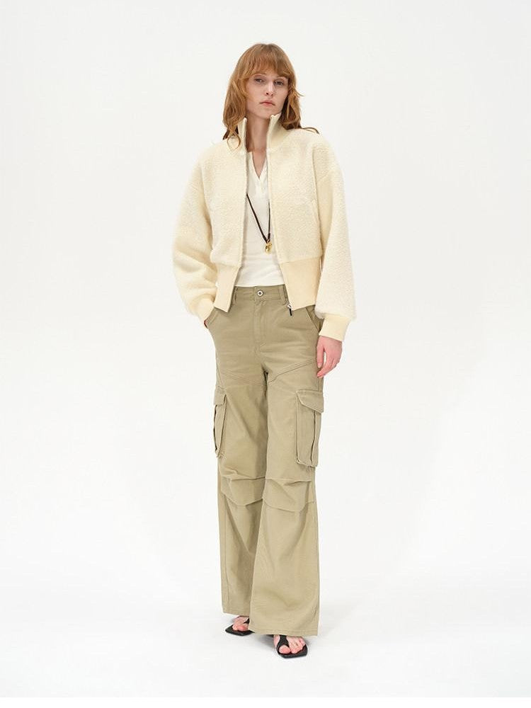 AFTADAWN Ivory Ribbed Knit Zip Stand Collar Women&
