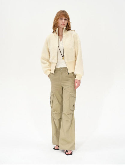 AFTADAWN Ivory Ribbed Knit Zip Stand Collar Women&