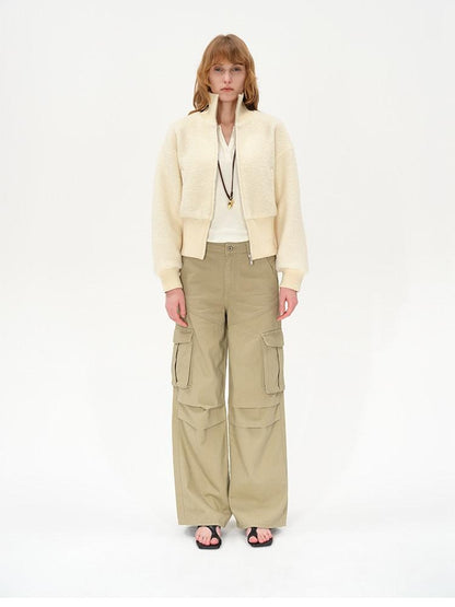 AFTADAWN Ivory Ribbed Knit Zip Stand Collar Women&