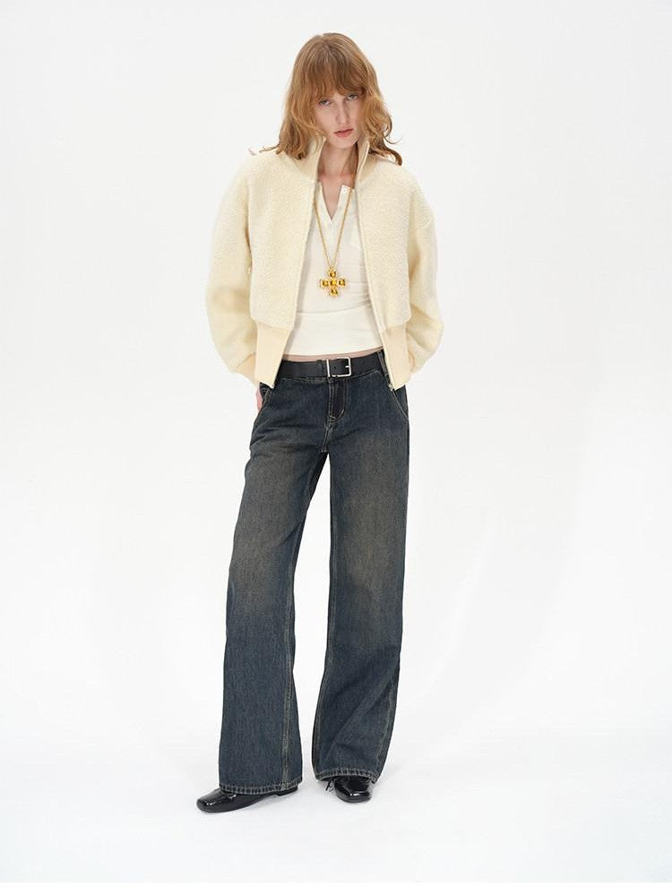 AFTADAWN Ivory Ribbed Knit Zip Stand Collar Women&