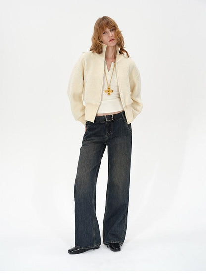 AFTADAWN Ivory Ribbed Knit Zip Stand Collar Women&