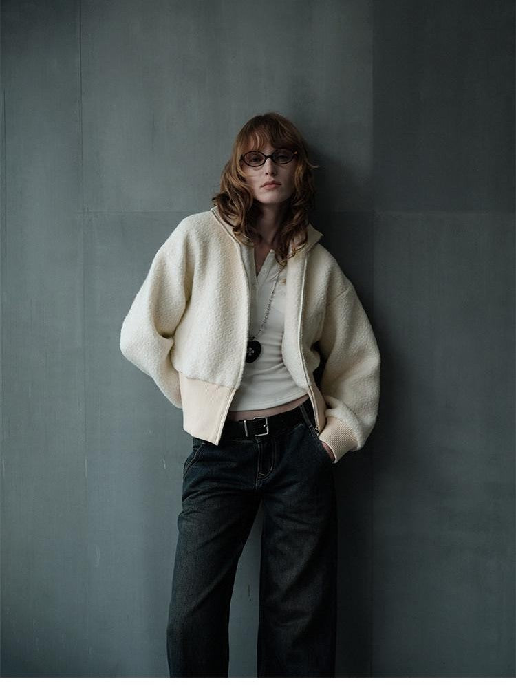 AFTADAWN Ivory Ribbed Knit Zip Stand Collar Women&