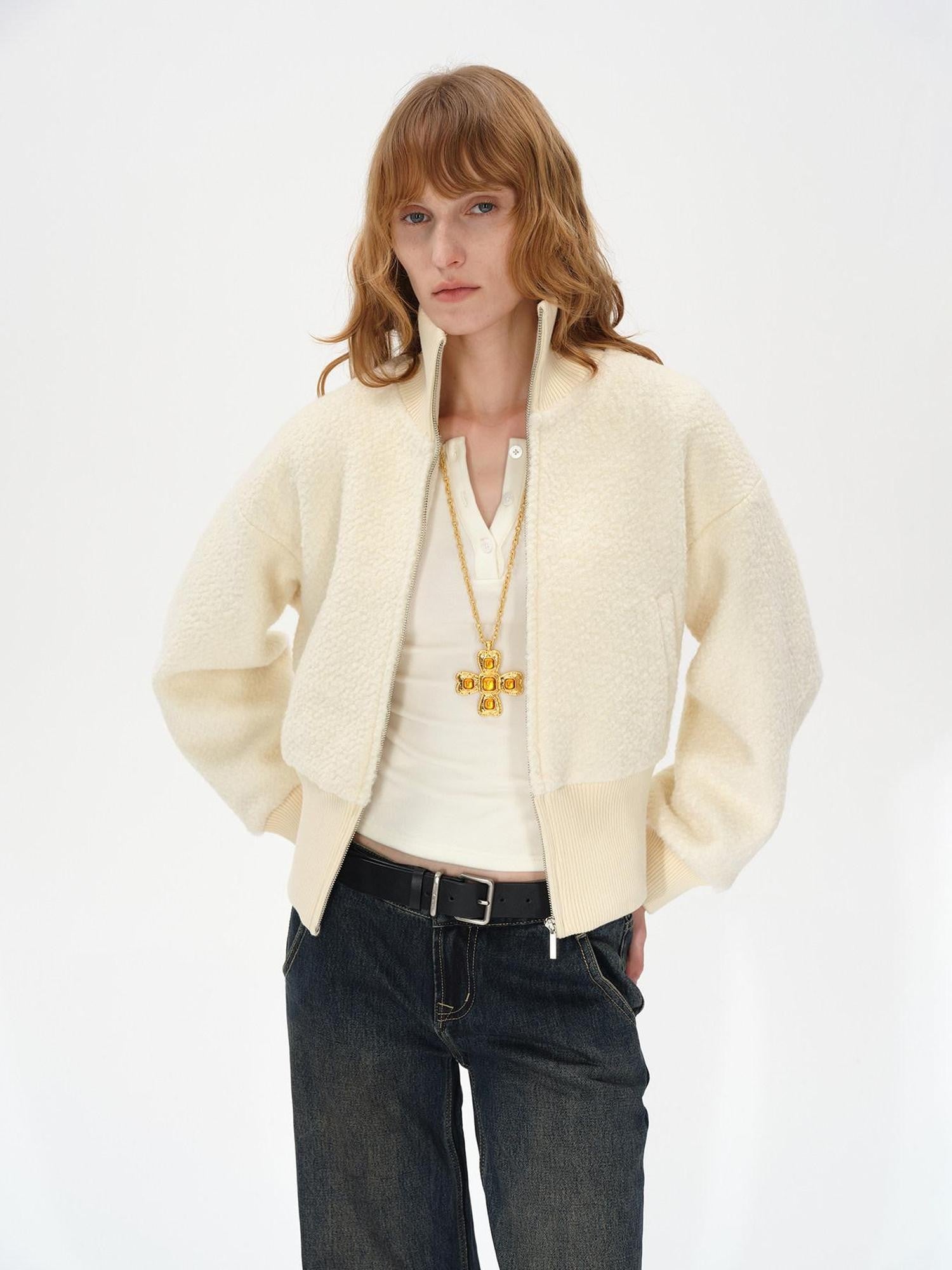 AFTADAWN Ivory Ribbed Knit Zip Stand Collar Women&