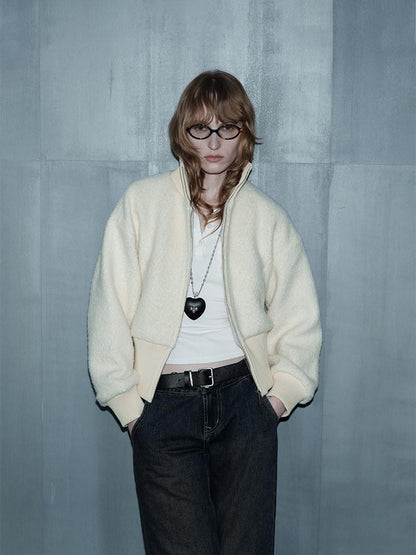 AFTADAWN Ivory Ribbed Knit Zip Stand Collar Women&