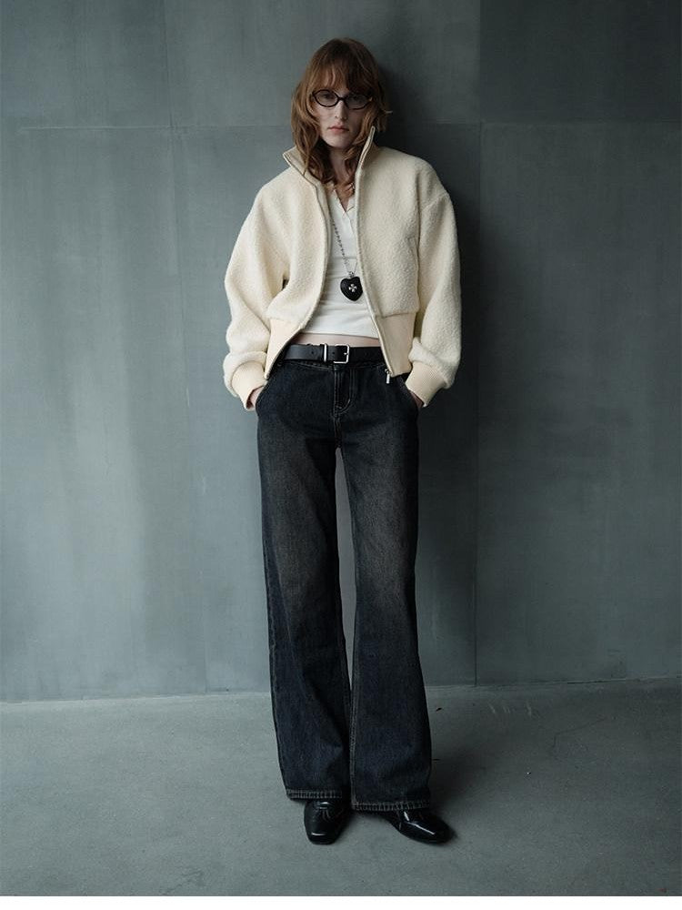 AFTADAWN Ivory Ribbed Knit Zip Stand Collar Women&