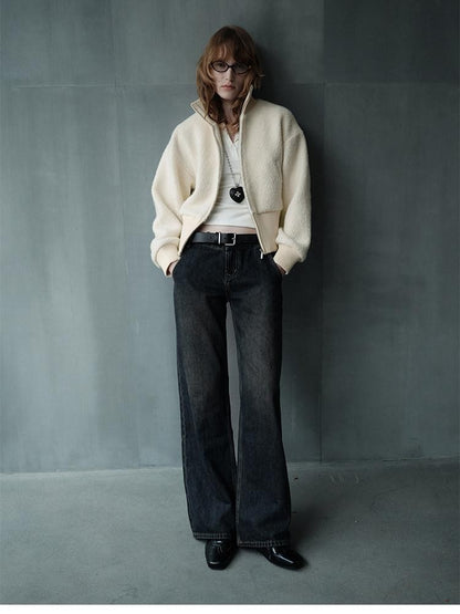 AFTADAWN Ivory Ribbed Knit Zip Stand Collar Women&