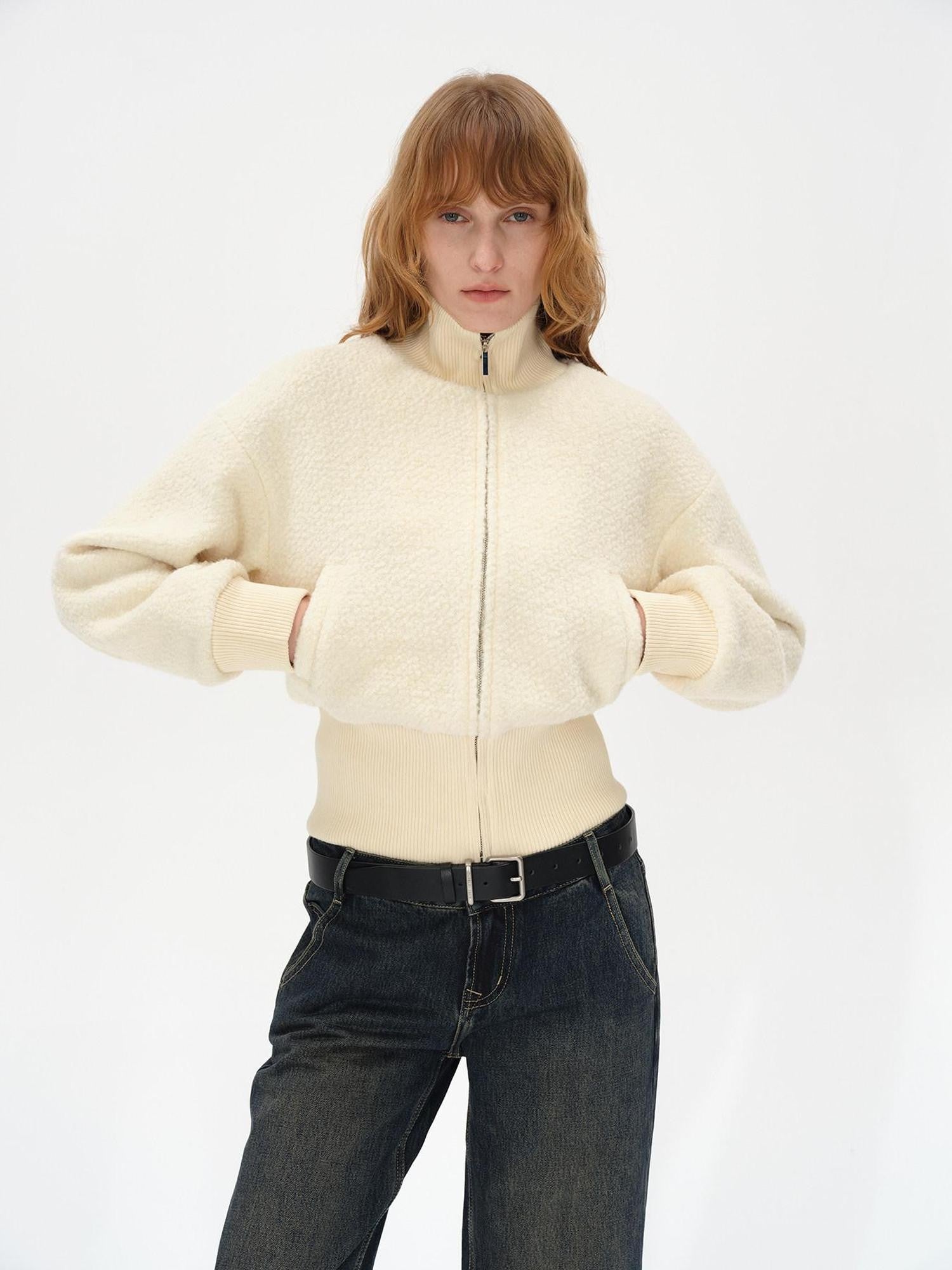 AFTADAWN Ivory Ribbed Knit Zip Stand Collar Women&