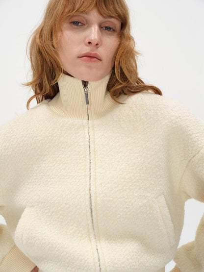 AFTADAWN Ivory Ribbed Knit Zip Stand Collar Women&