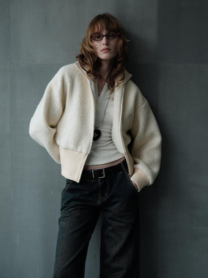 AFTADAWN Ivory Ribbed Knit Zip Stand Collar Women&