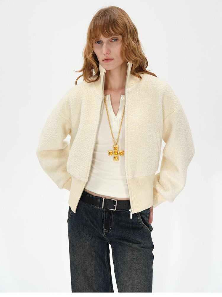 AFTADAWN Ivory Ribbed Knit Zip Stand Collar Women&